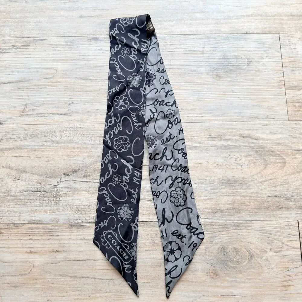 Coach Y2K 100% Silk Skinny Scarf Twilly Gray Black Logo Floral Hair Bag Ribbon